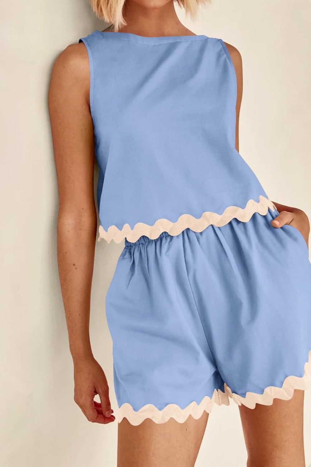 "Greenlie" Contrast Trim Sleeveless Top and Shorts Set