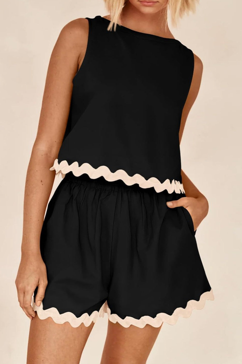 "Greenlie" Contrast Trim Sleeveless Top and Shorts Set