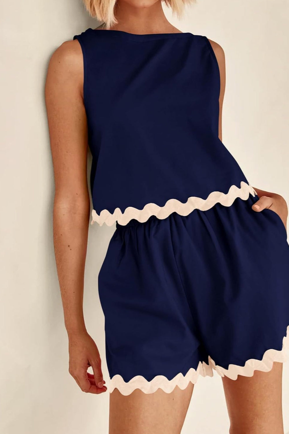 "Greenlie" Contrast Trim Sleeveless Top and Shorts Set