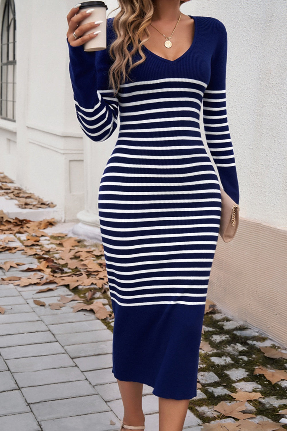 
                  
                    Devine Striped V-Neck Long Sleeve Sweater Dress
                  
                