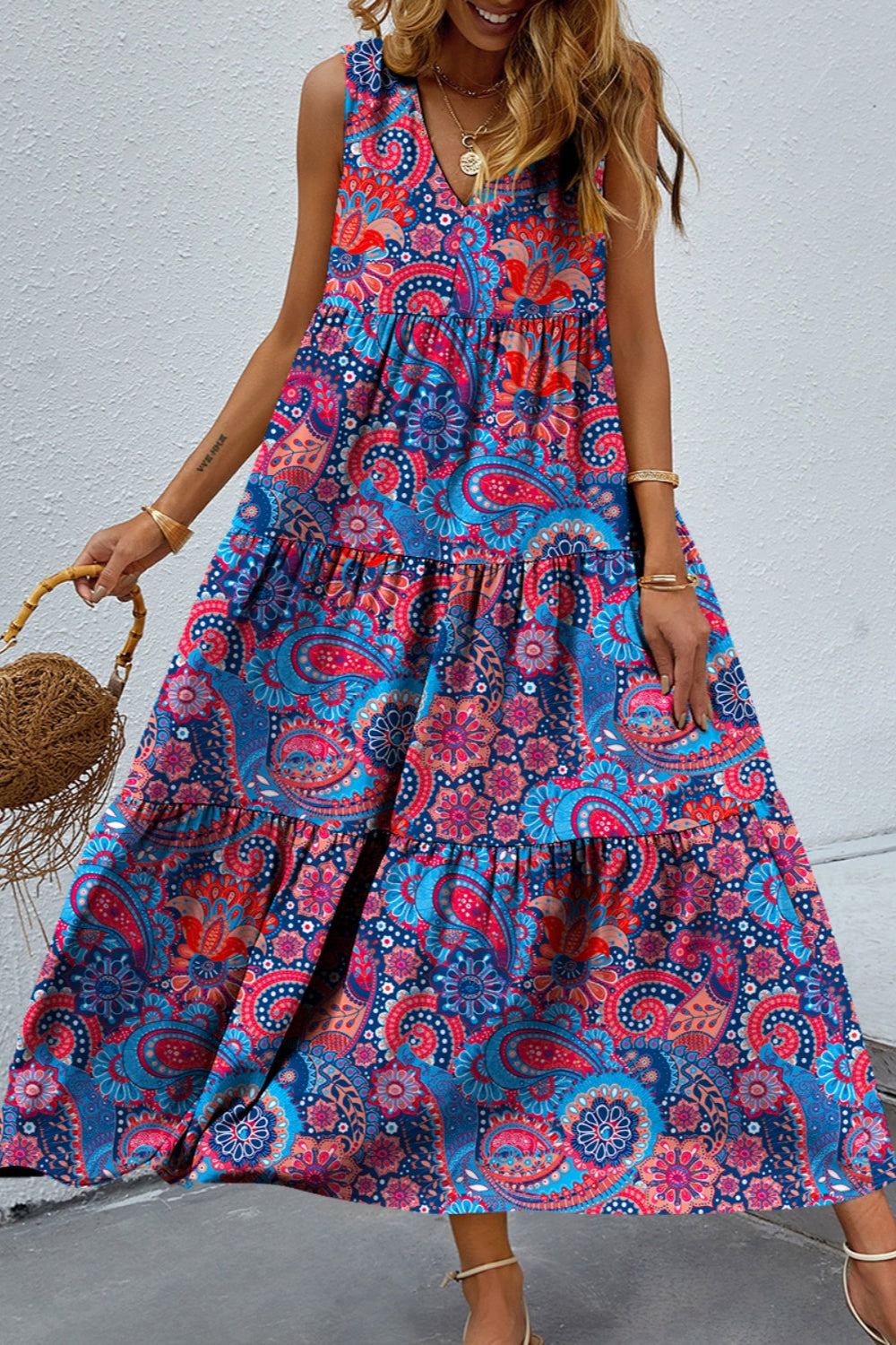 Tiered Printed V-Neck Sleeveless Dress