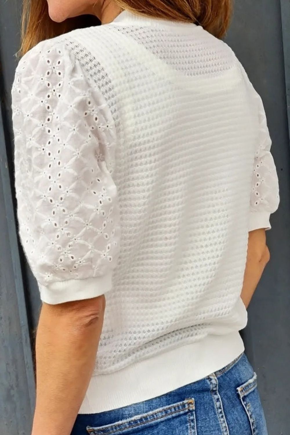 
                  
                    Eyelet Round Neck Half Sleeve Blouse
                  
                