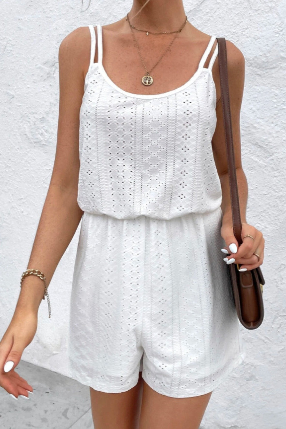 Eyelet Scoop Neck Double Spaghetti Straps Romper