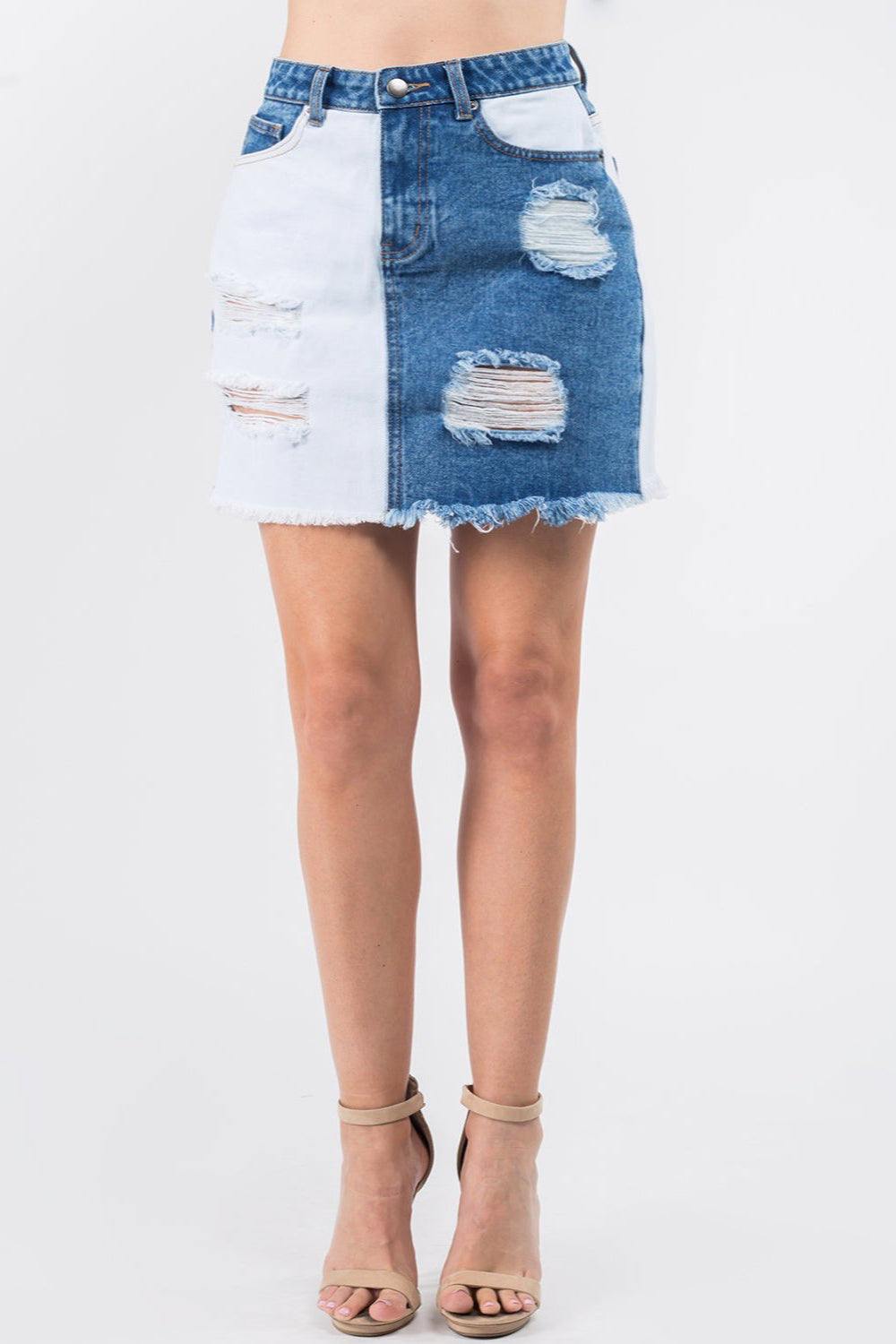 American Bazi Contrast Patched Frayed Denim Distressed Skirts