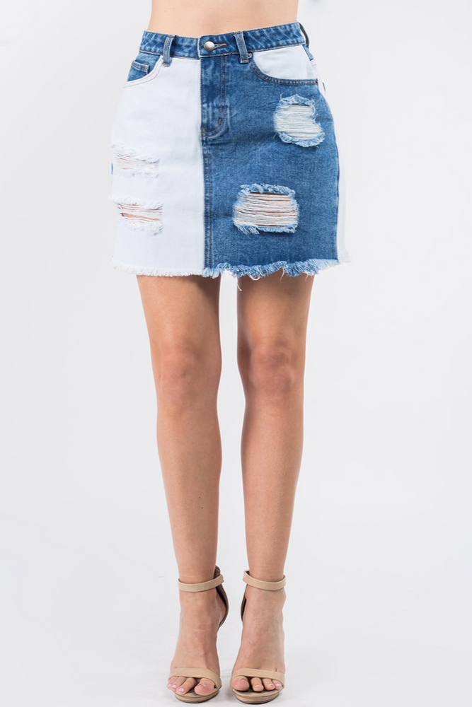 
                  
                    American Bazi Contrast Patched Frayed Denim Distressed Skirts
                  
                