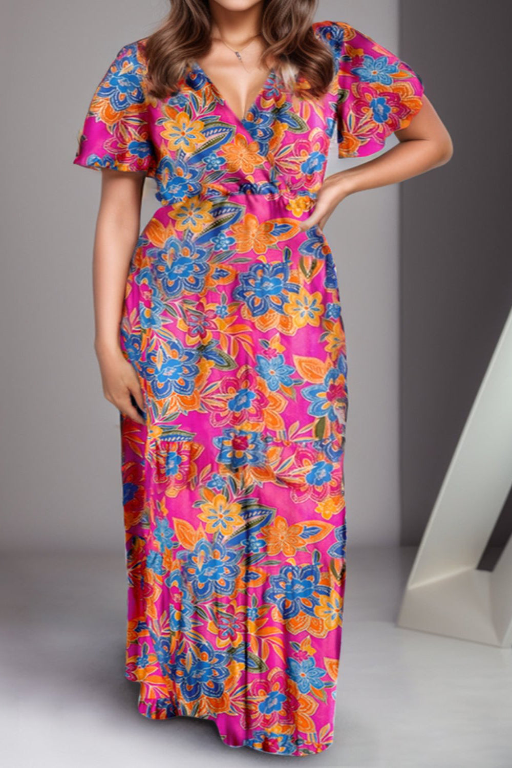 Printed Surplice Short Sleeve Maxi Dress