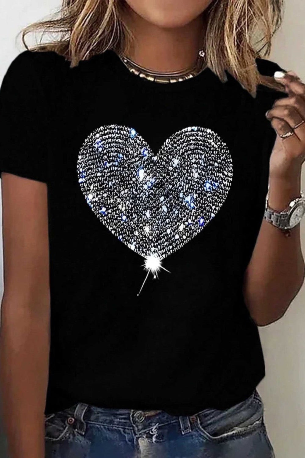 Heart Round Neck Short Sleeve T-Shirt