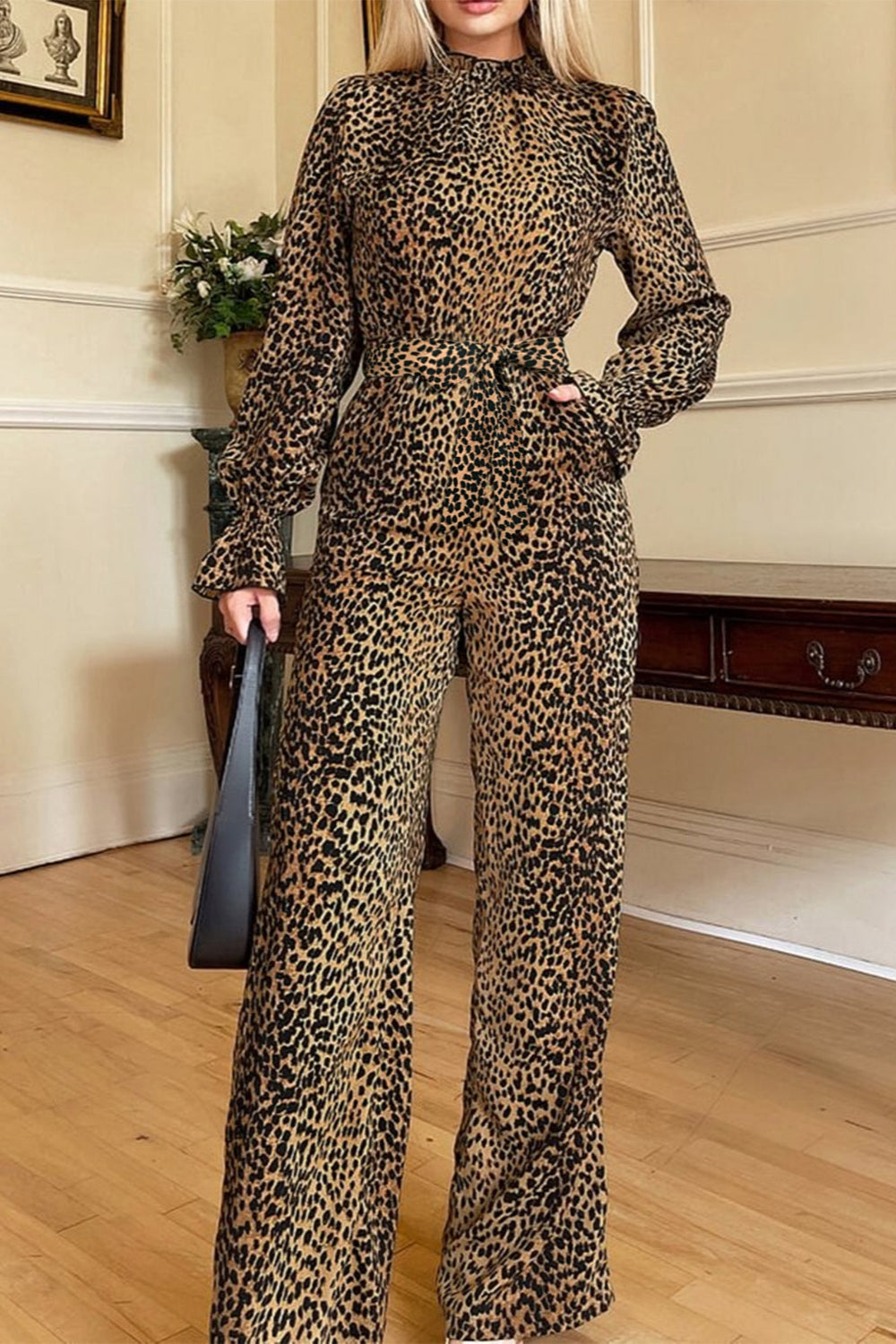 Leopard Flounce Sleeve Wide Leg Jumpsuit