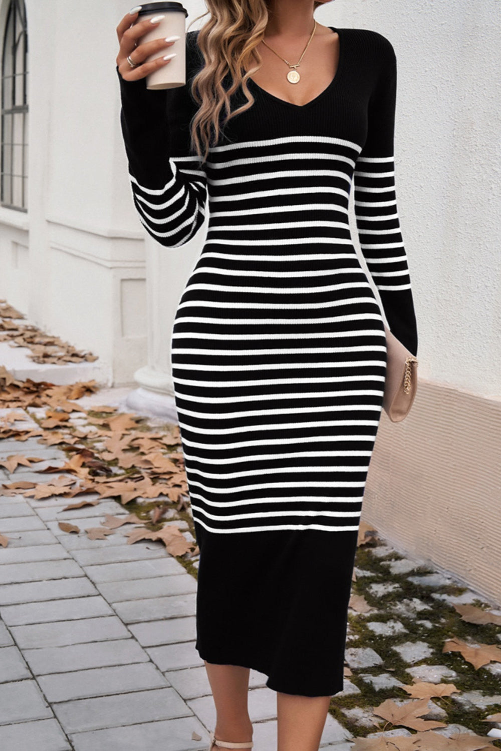 
                  
                    Devine Striped V-Neck Long Sleeve Sweater Dress
                  
                