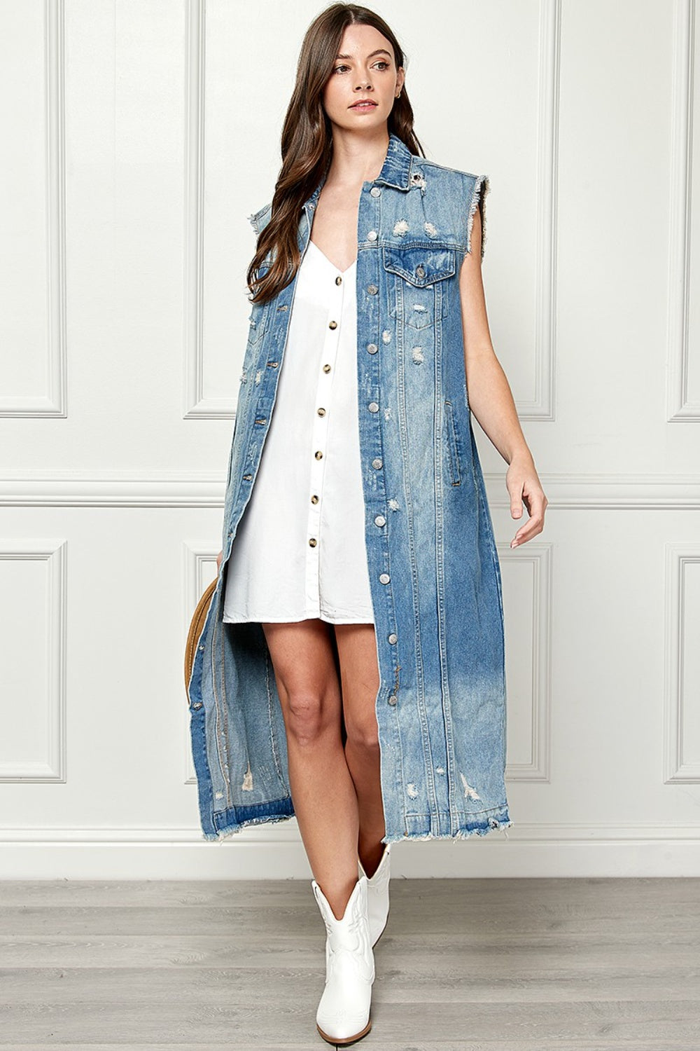 
                  
                    Veveret Full Size Distressed Sleeveless Longline Denim Jacket
                  
                