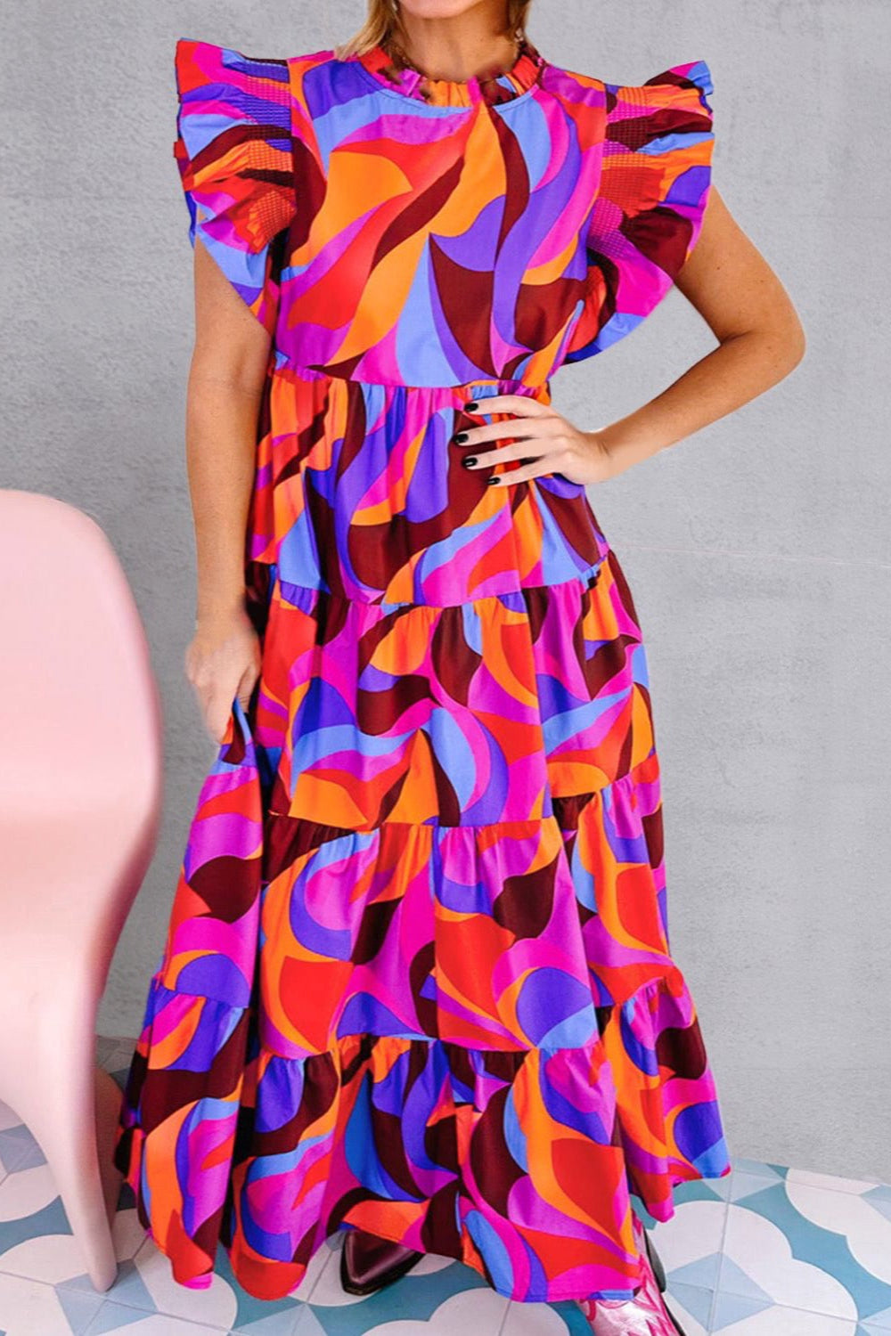 'DESSIE' Printed Ruffled Mock Neck Tiered Dress