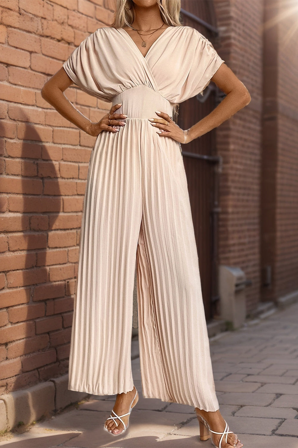 Perfee Pleated Short Sleeve Wide Leg Jumpsuit