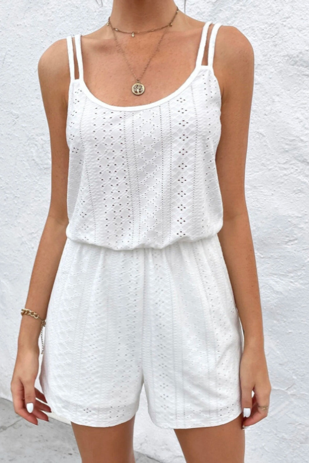 
                  
                    Eyelet Scoop Neck Double Spaghetti Straps Romper
                  
                