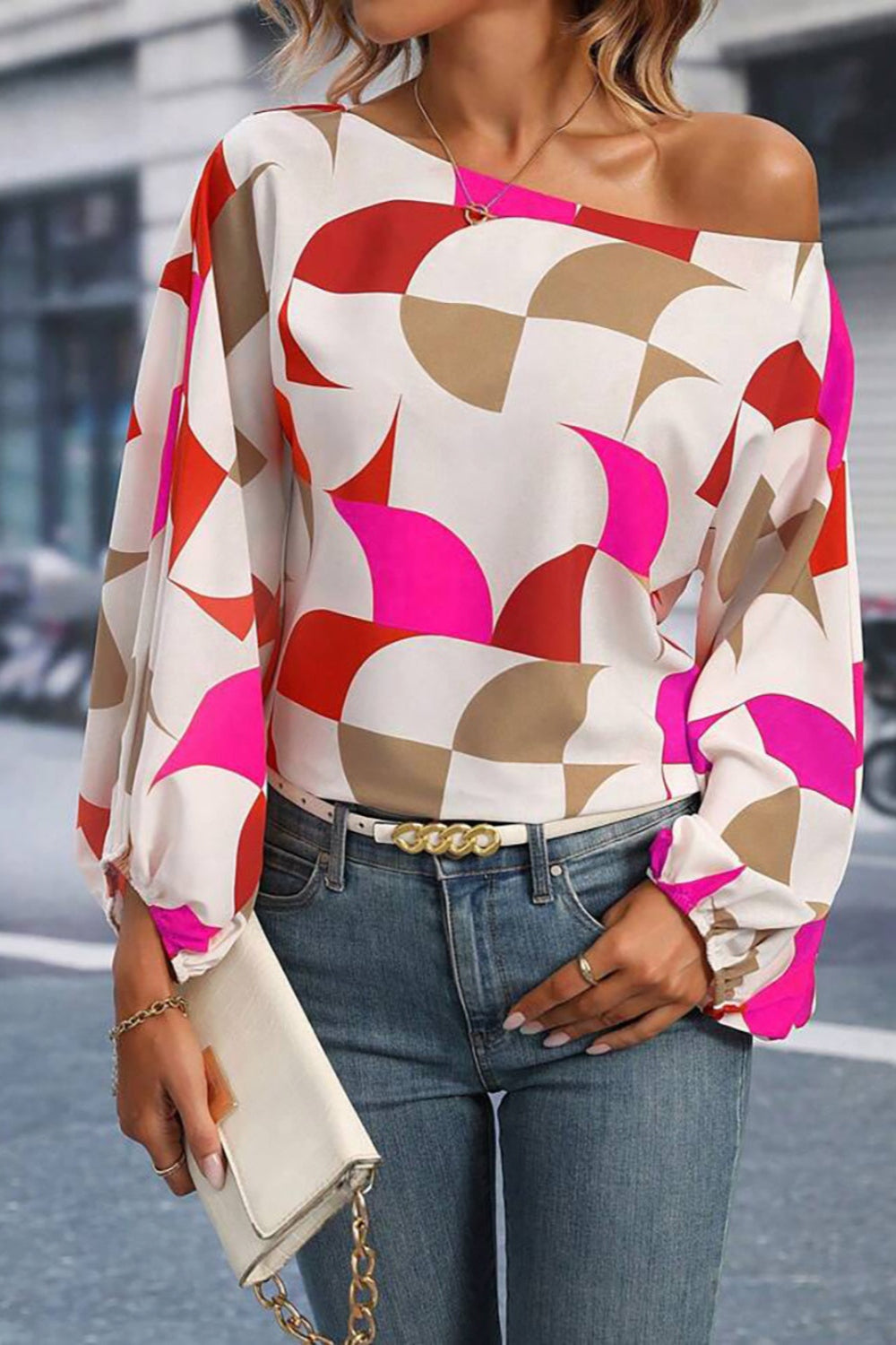 'FANCY' Printed One Shoulder Balloon Sleeve Blouse