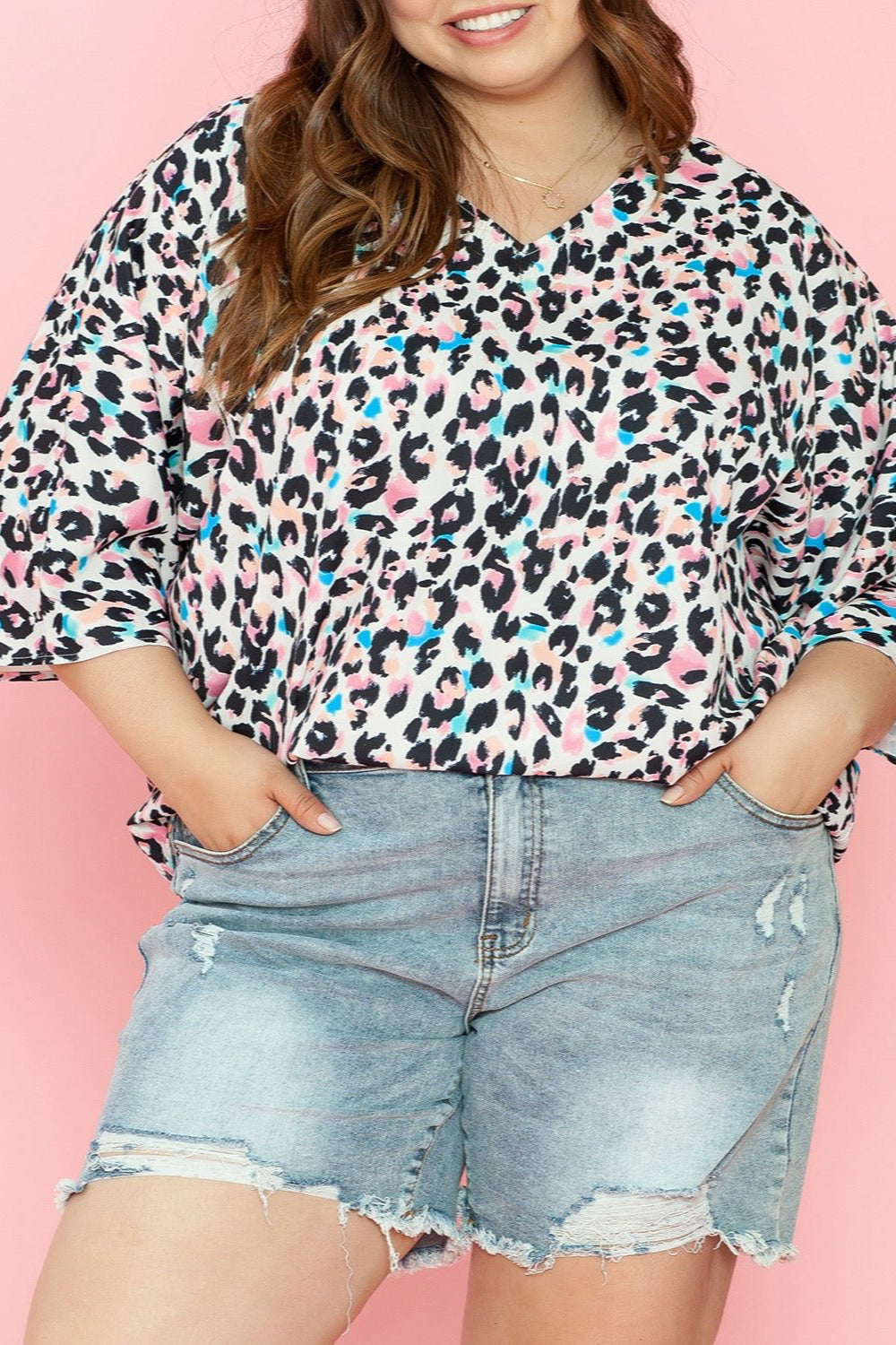 Plus Size Leopard V-Neck Three-Quarter Sleeve Blouse