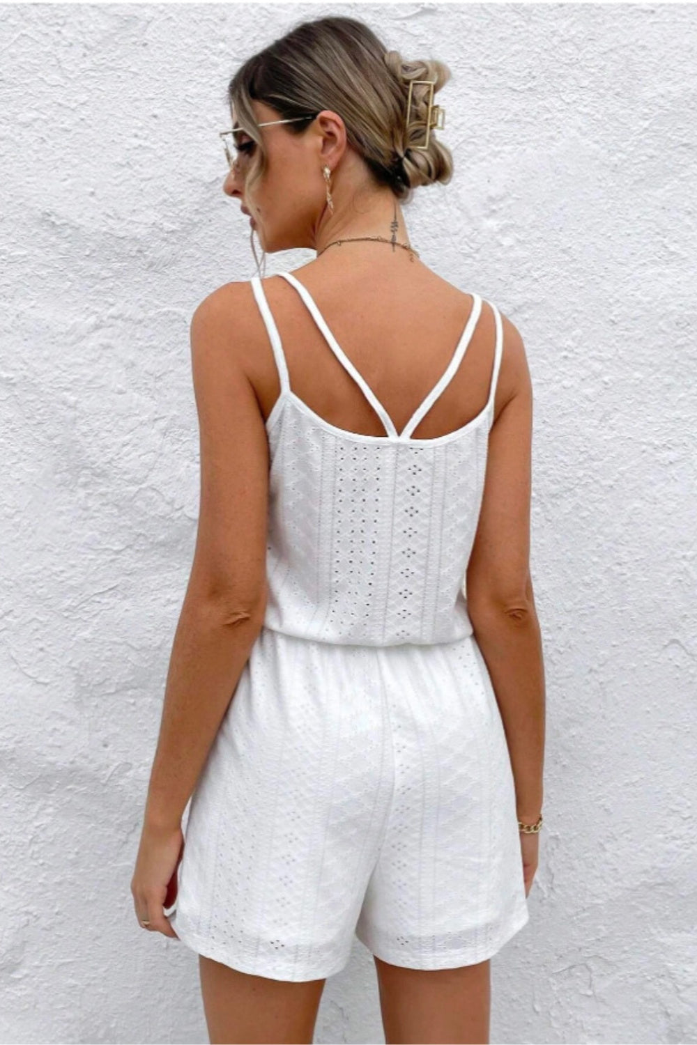 
                  
                    Eyelet Scoop Neck Double Spaghetti Straps Romper
                  
                