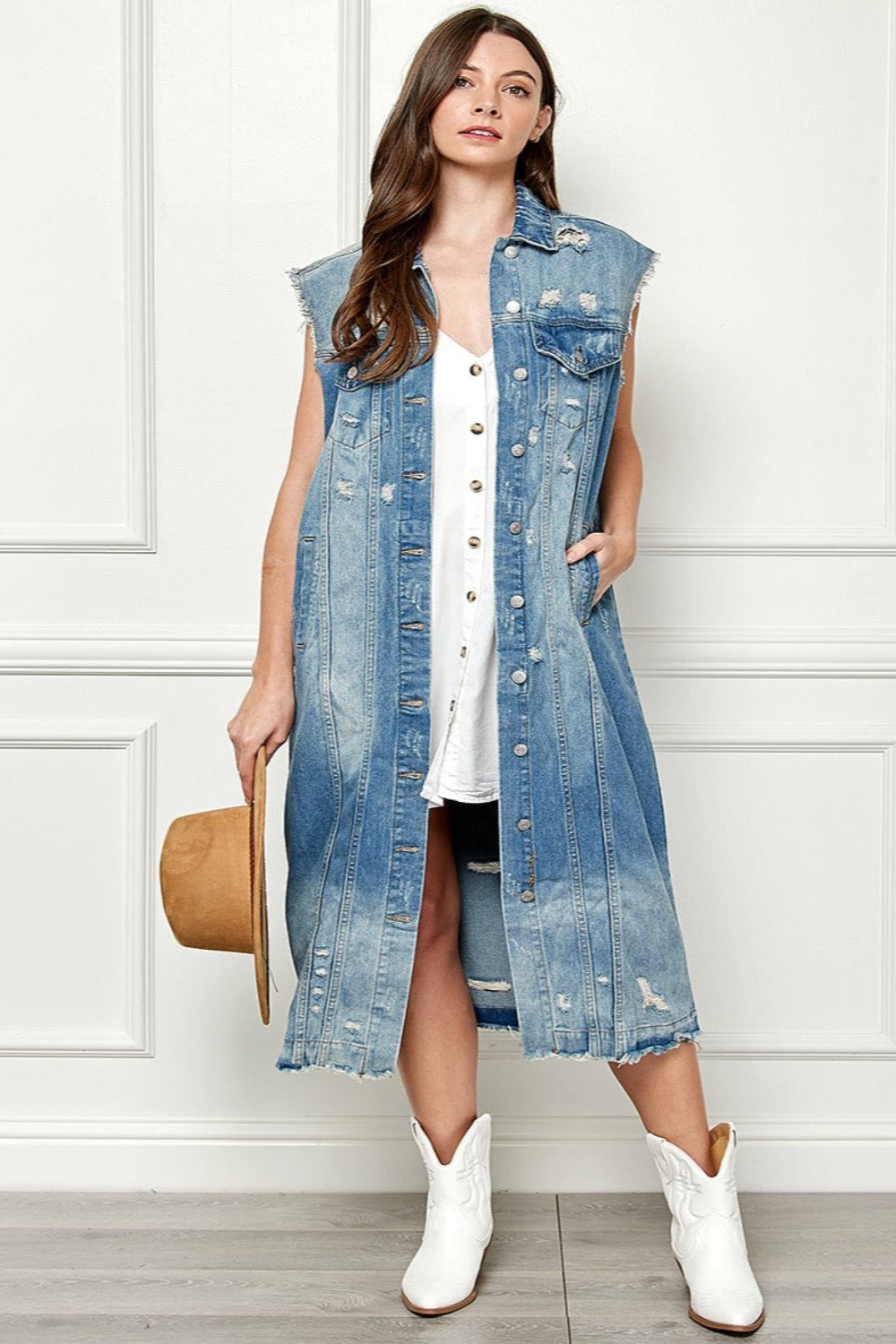 Veveret Full Size Distressed Sleeveless Longline Denim Jacket