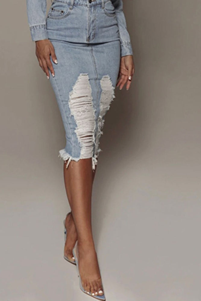 
                  
                    "Kylie" Distressed Slit Denim Skirt
                  
                