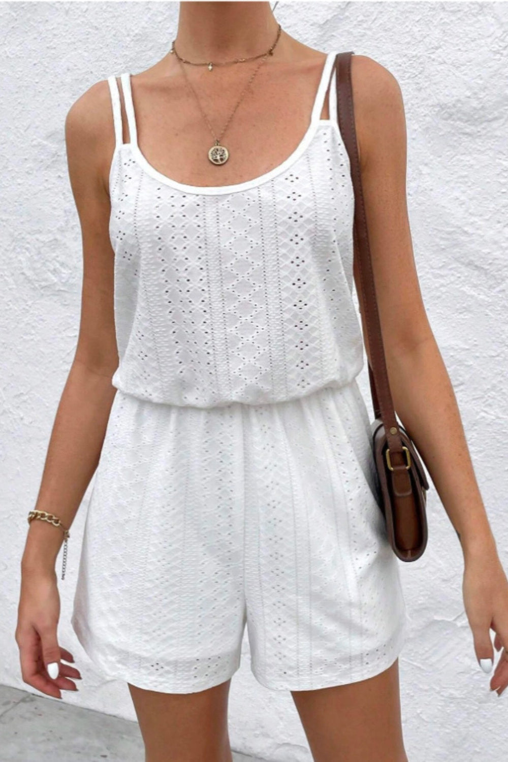 
                  
                    Eyelet Scoop Neck Double Spaghetti Straps Romper
                  
                