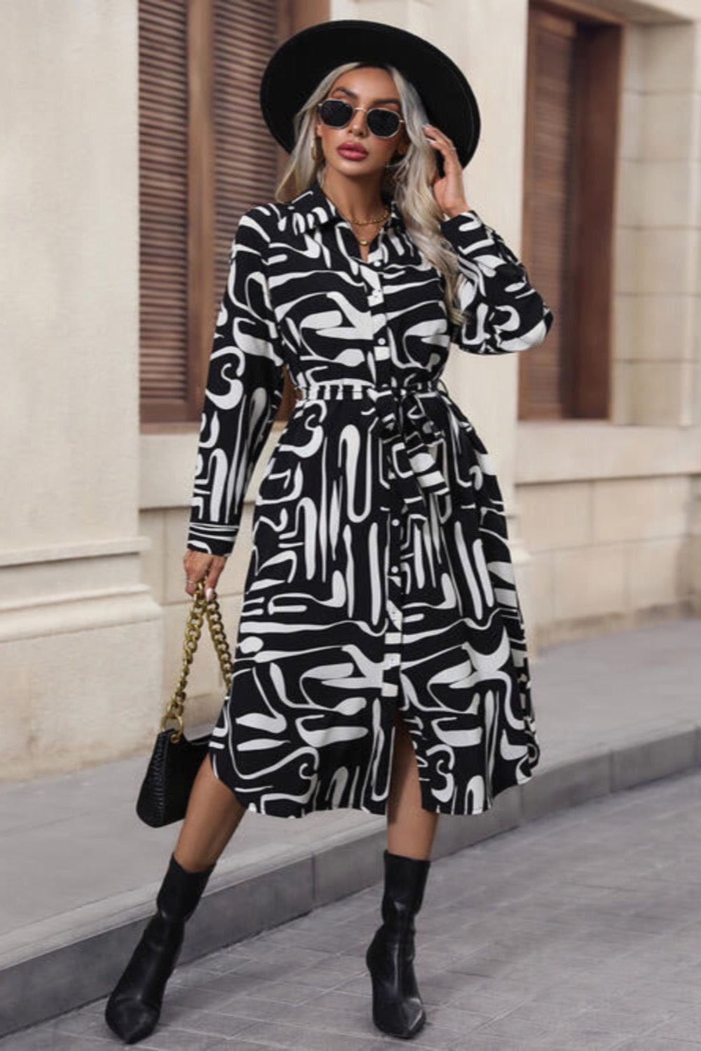 'Meadow' Printed Tie Front Collared Neck Slit Shirt Dress