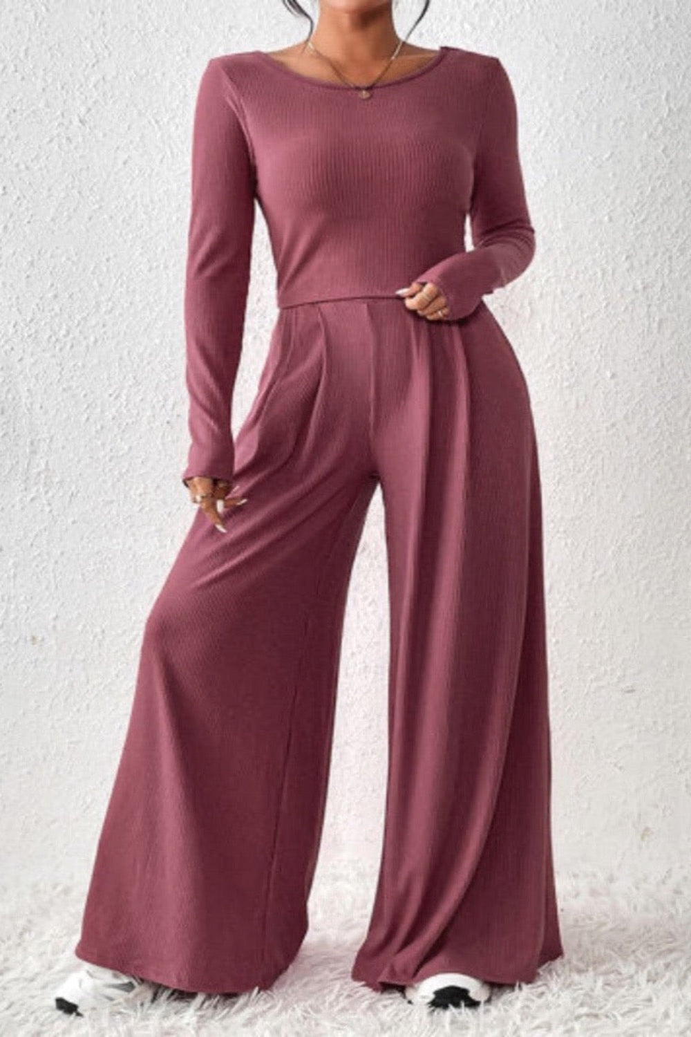 'Addyson' Ribbed Round Neck Top and Wide-Leg Pants Set