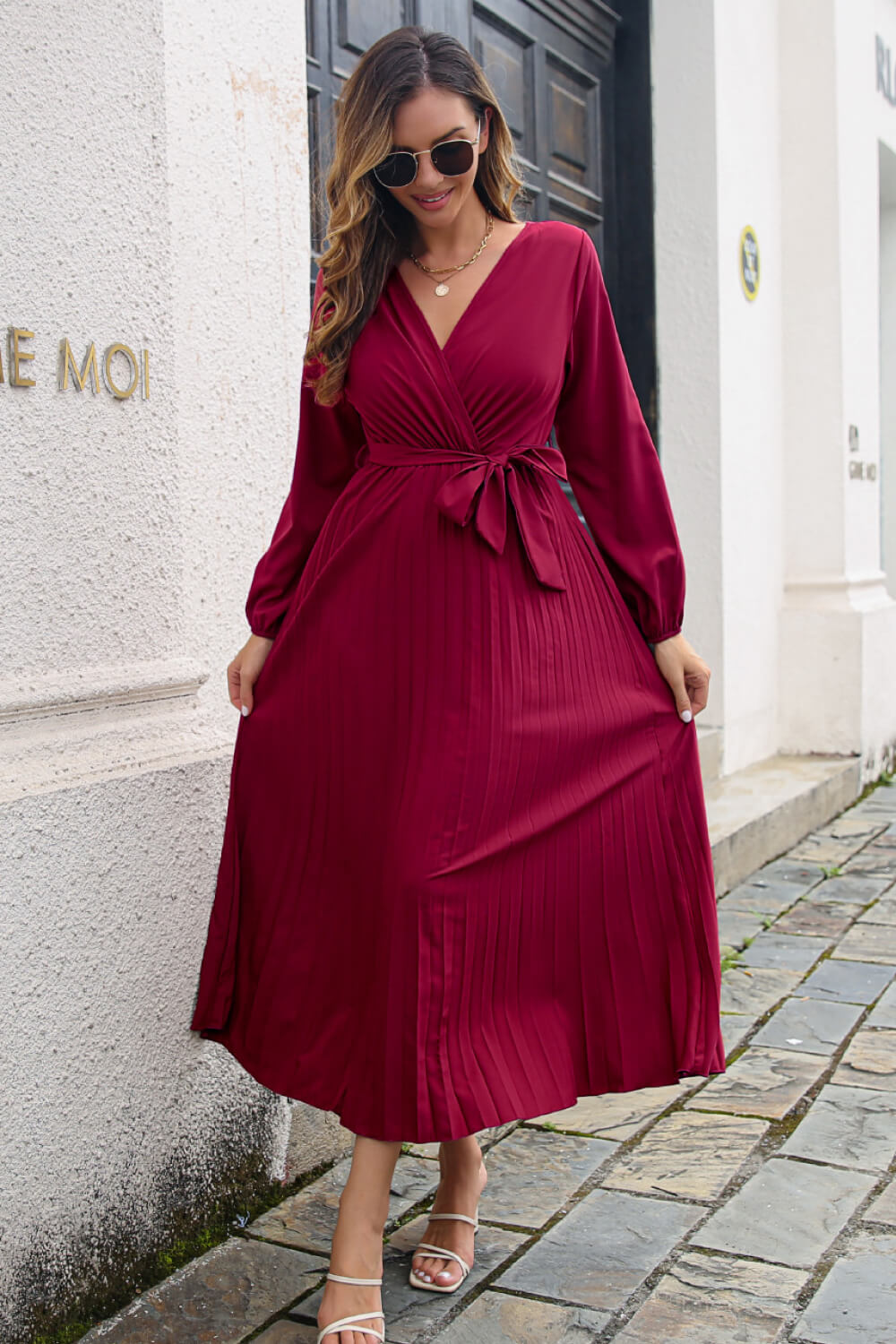 
                  
                    'Malinda' Pleated Long Sleeve Surplice Maxi Dress
                  
                