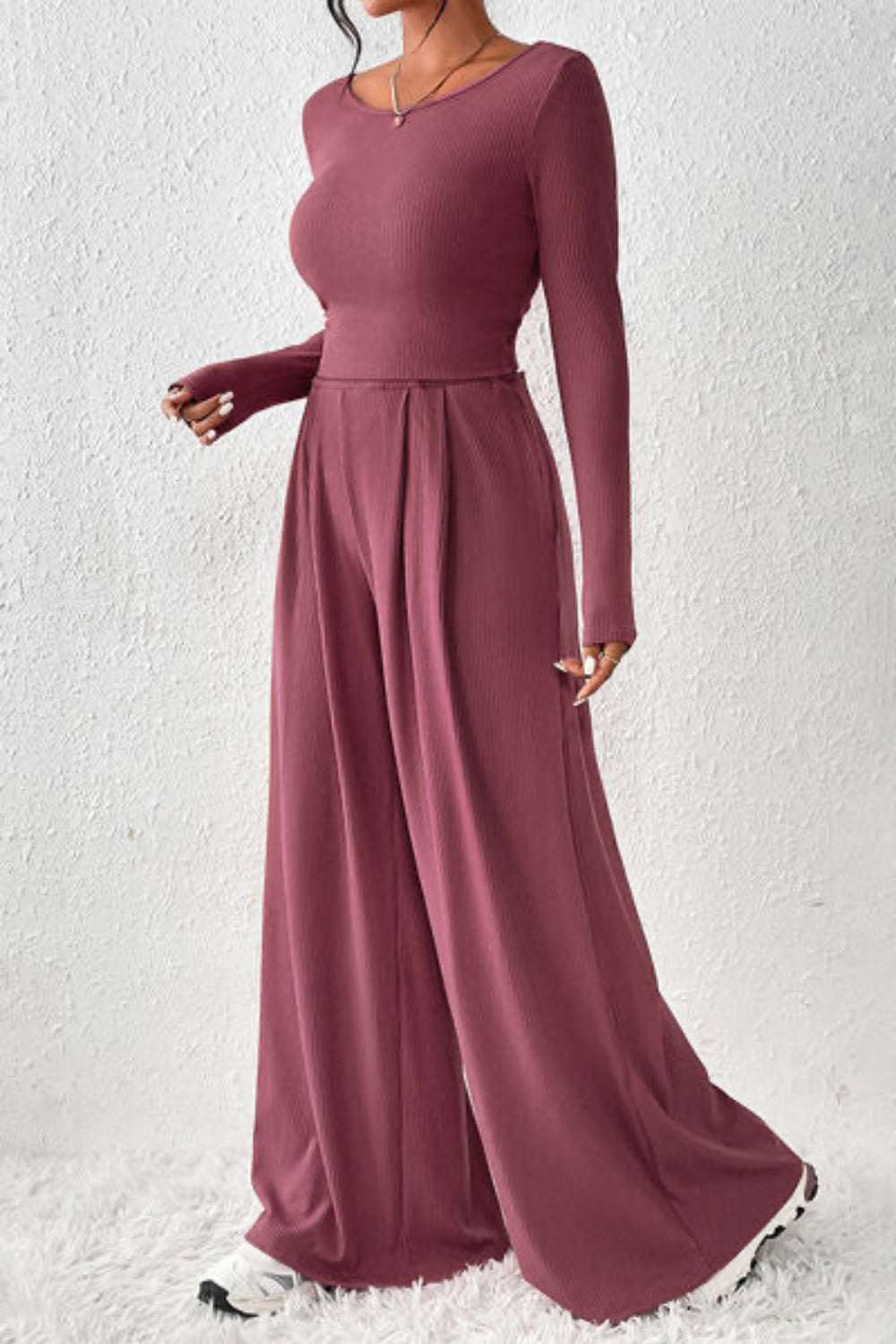 
                  
                    'Addyson' Ribbed Round Neck Top and Wide-Leg Pants Set
                  
                