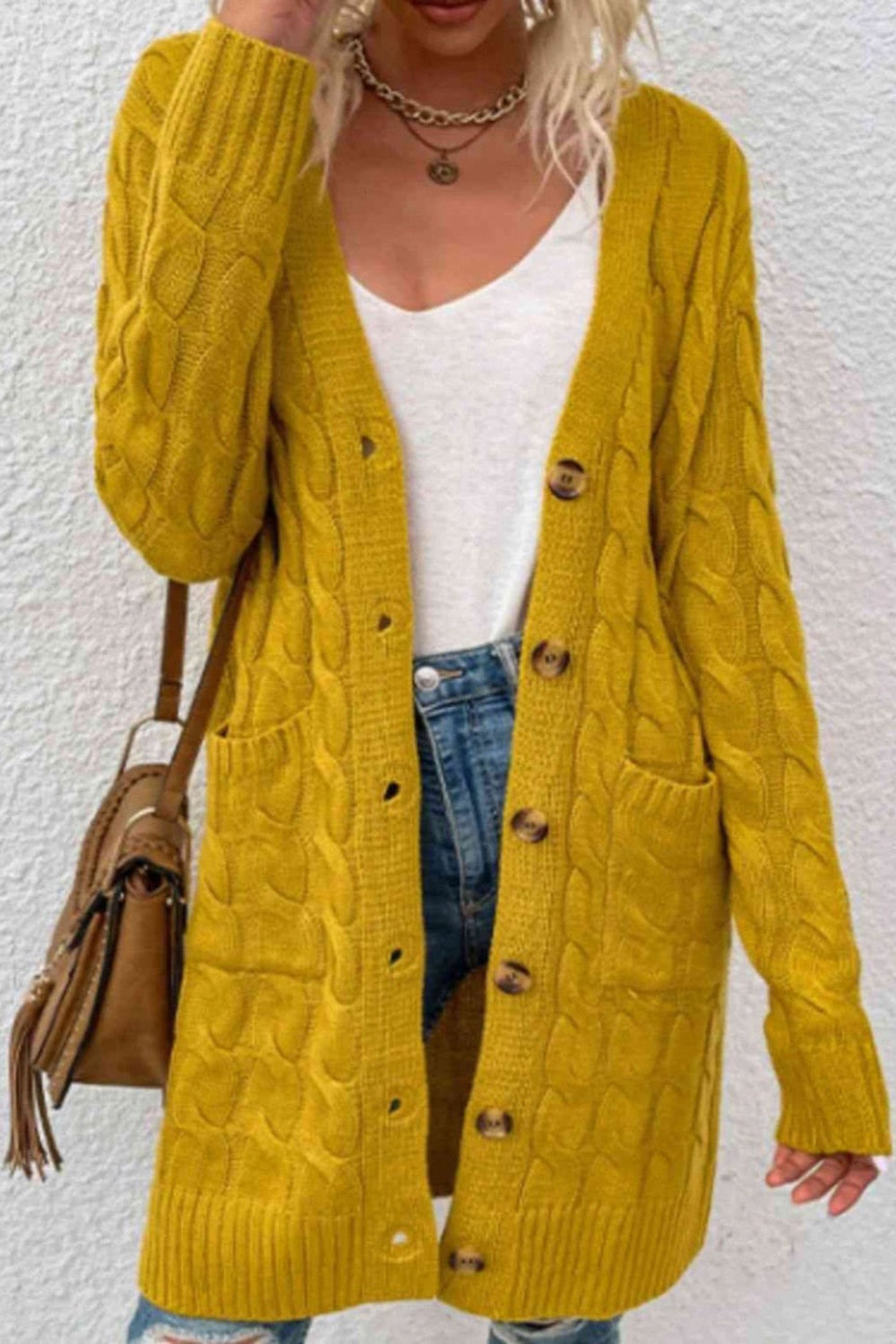 ' Abigail' Cable-Knit Button Down Cardigan with Pockets