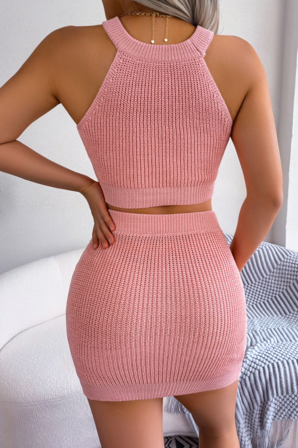 
                  
                    'Lovely' Heart Contrast Ribbed Sleeveless Knit Top and Skirt Set
                  
                