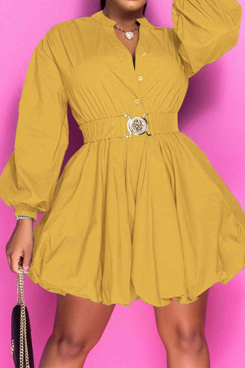 
                  
                    'Brielle' Notched Button Up Balloon Sleeves Dress
                  
                