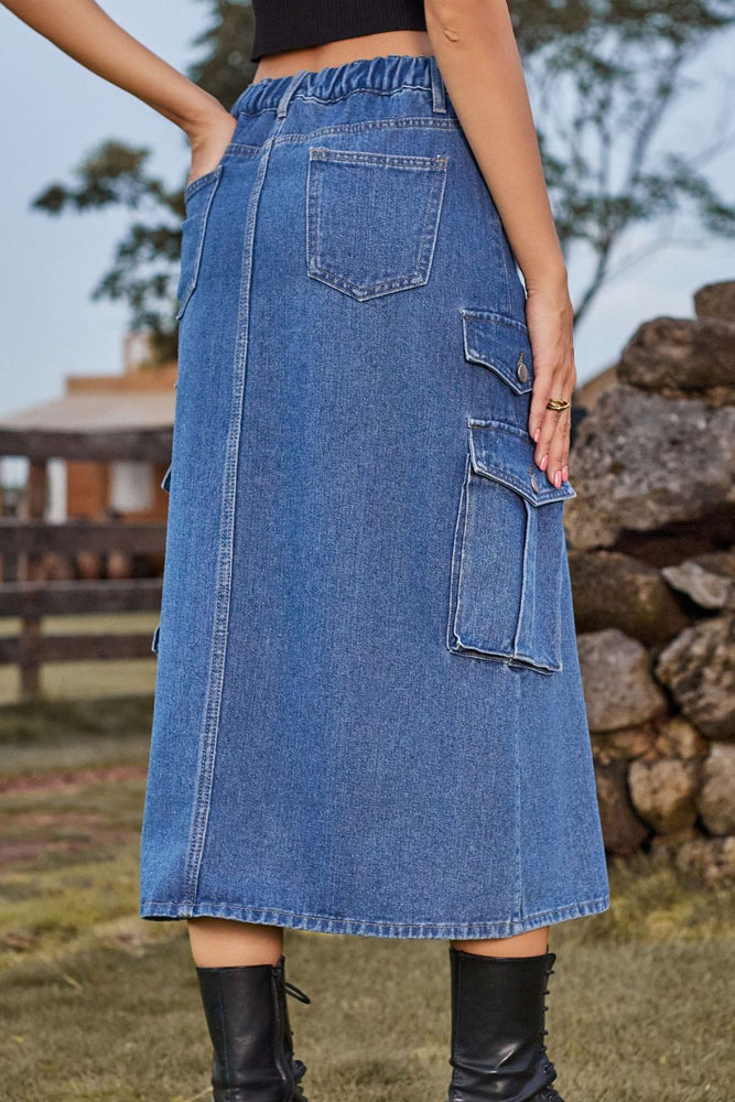 
                  
                    'Sara' Slit Front Midi Denim Skirt with Pockets
                  
                