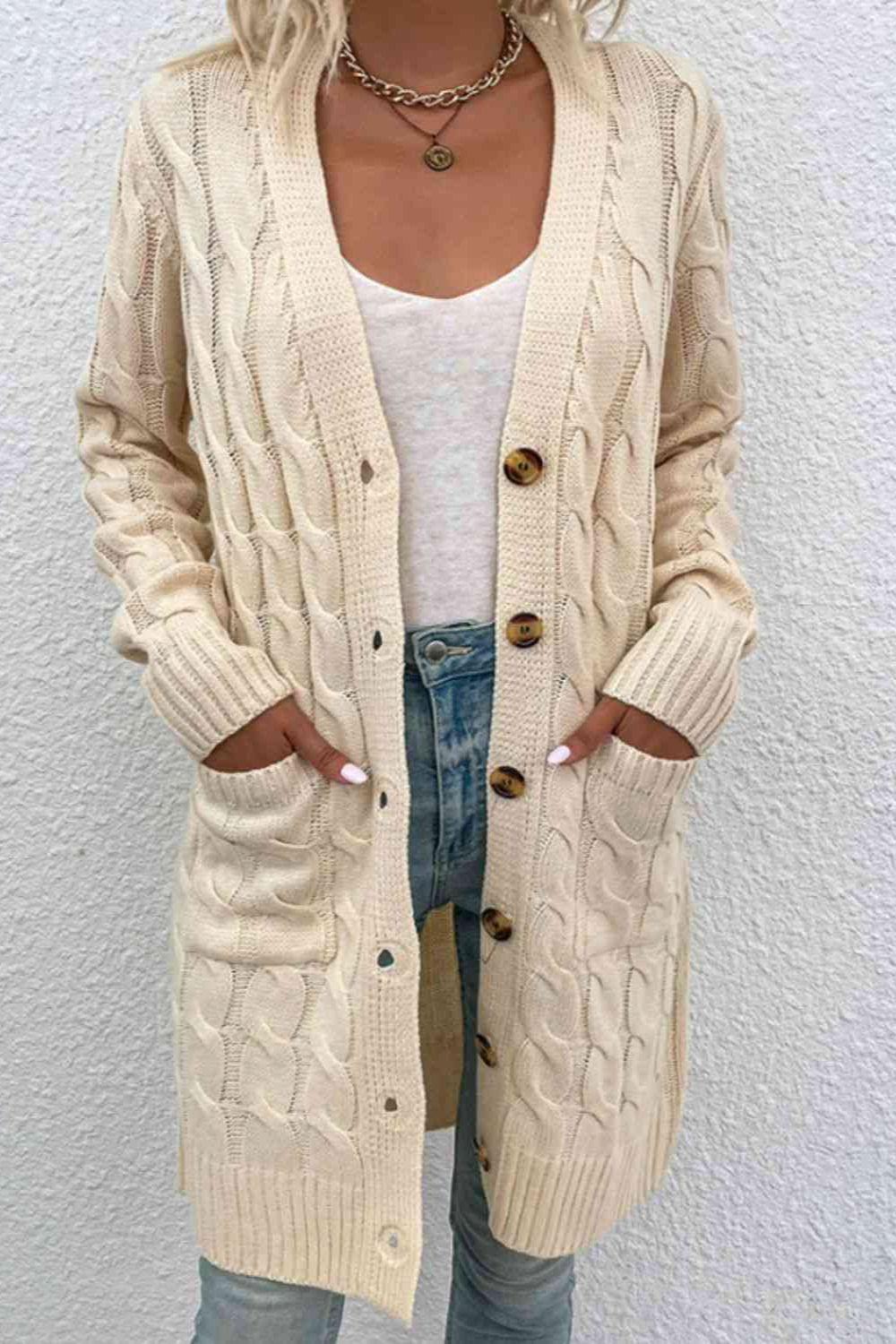 
                  
                    ' Abigail' Cable-Knit Button Down Cardigan with Pockets
                  
                