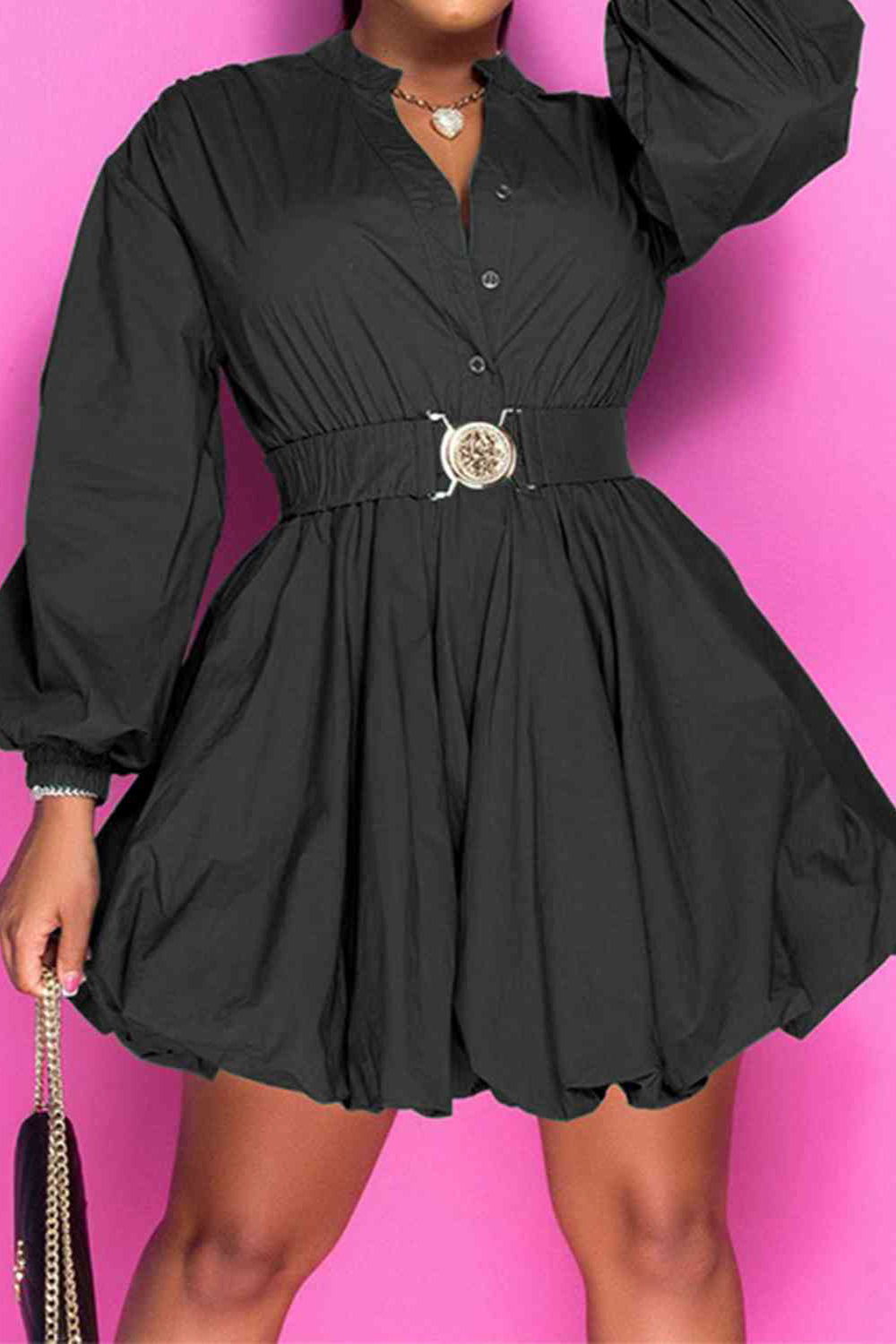 
                  
                    'Brielle' Notched Button Up Balloon Sleeves Dress
                  
                