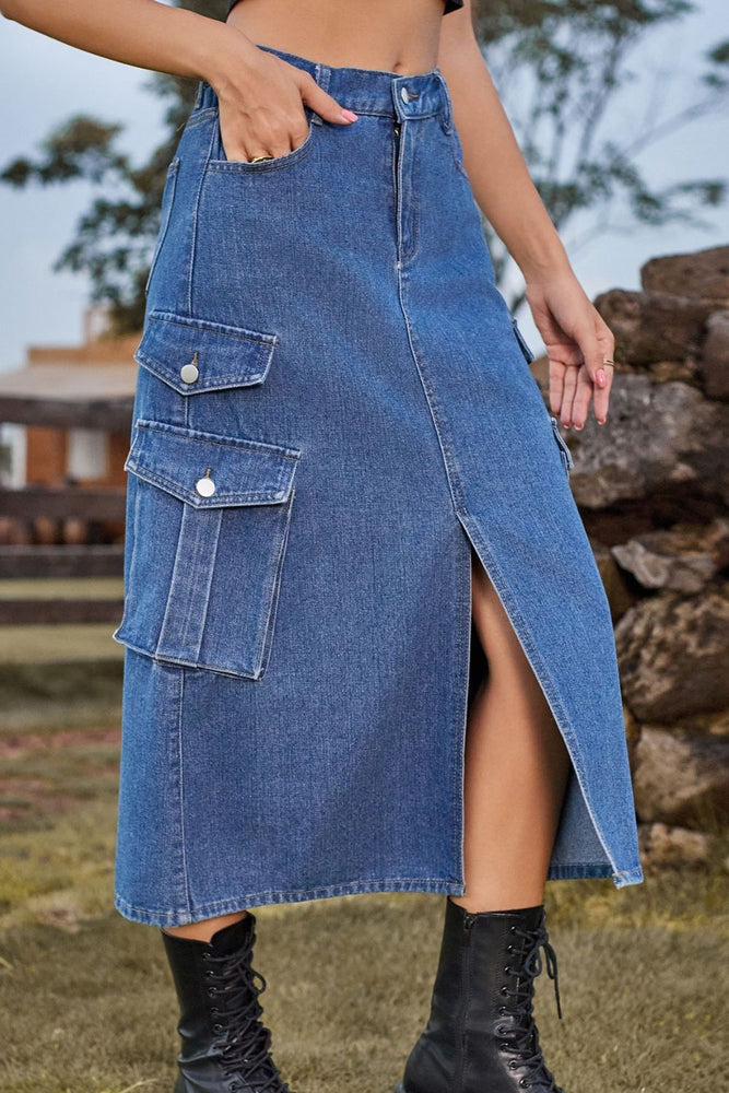 
                  
                    'Sara' Slit Front Midi Denim Skirt with Pockets
                  
                