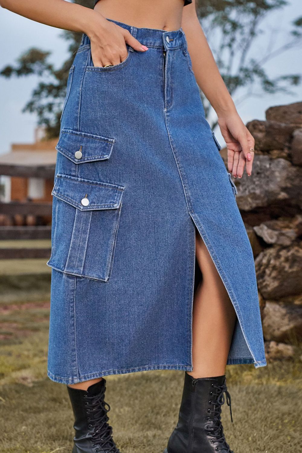 
                  
                    'Sara' Slit Front Midi Denim Skirt with Pockets
                  
                