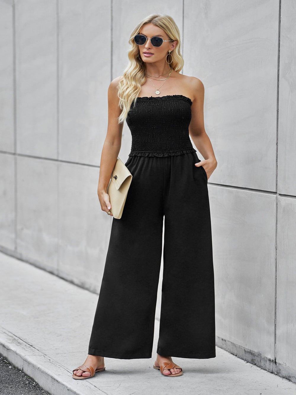 'Denise' Straight Neck Smocked Jumpsuit