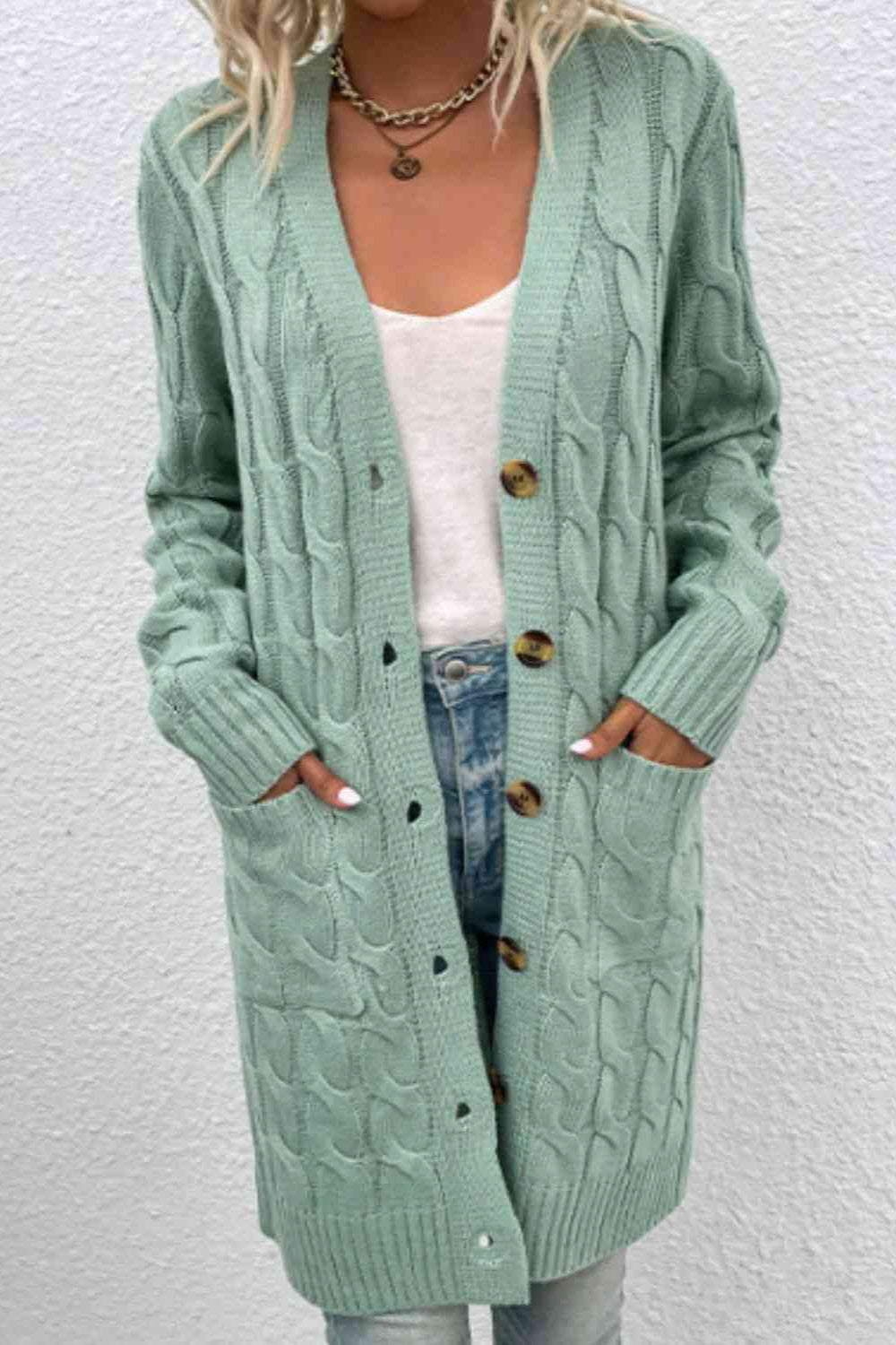 
                  
                    ' Abigail' Cable-Knit Button Down Cardigan with Pockets
                  
                