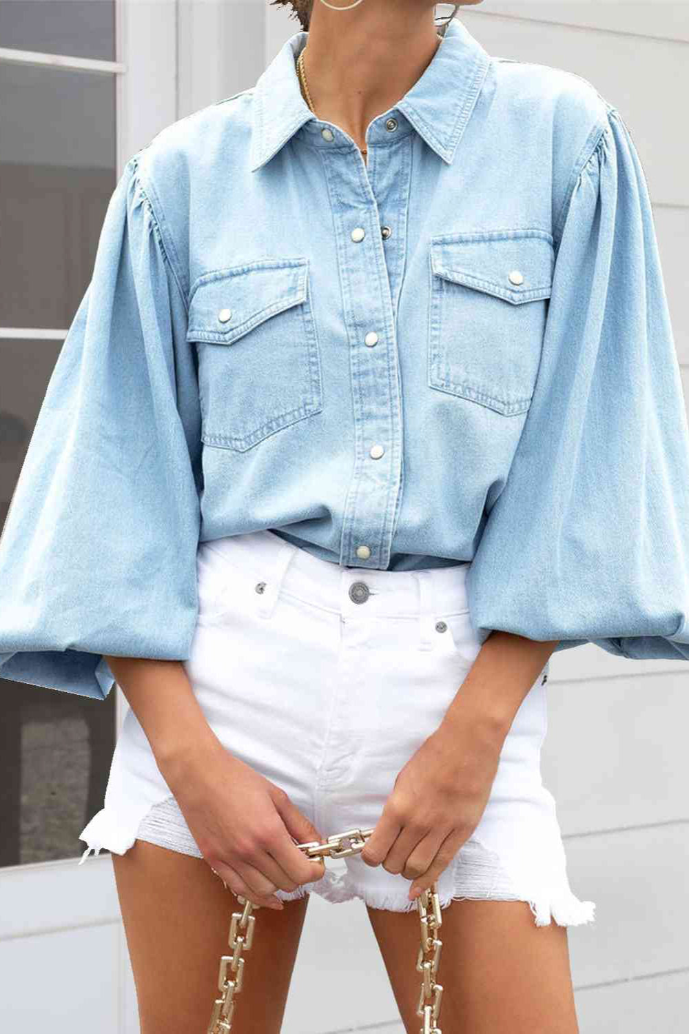 Snap Down Puff Sleeve Denim Jacket