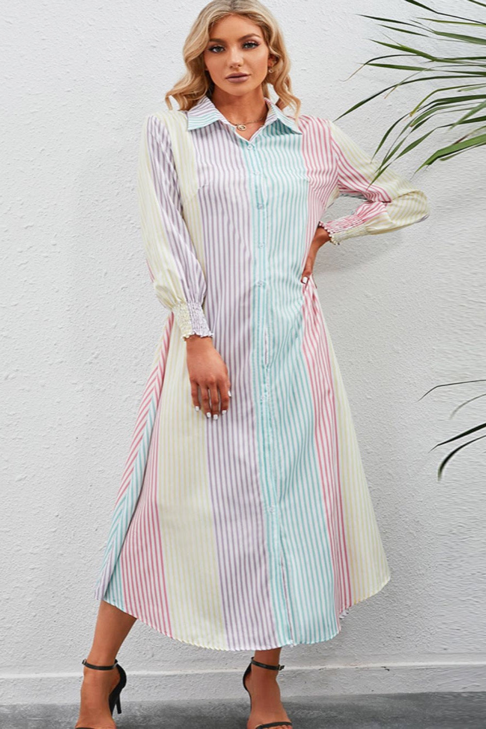 'Penny' Rainbow Stripe Button-Up Maxi Shirt Dress