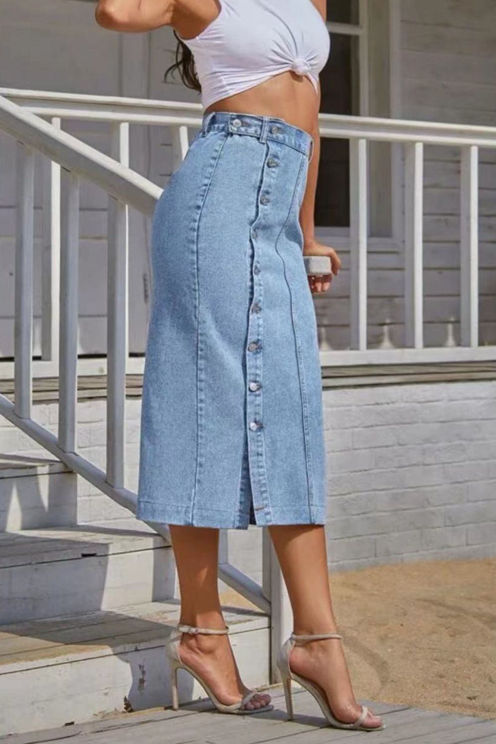 
                  
                    'Mary' Button Fly Split Denim Skirt
                  
                