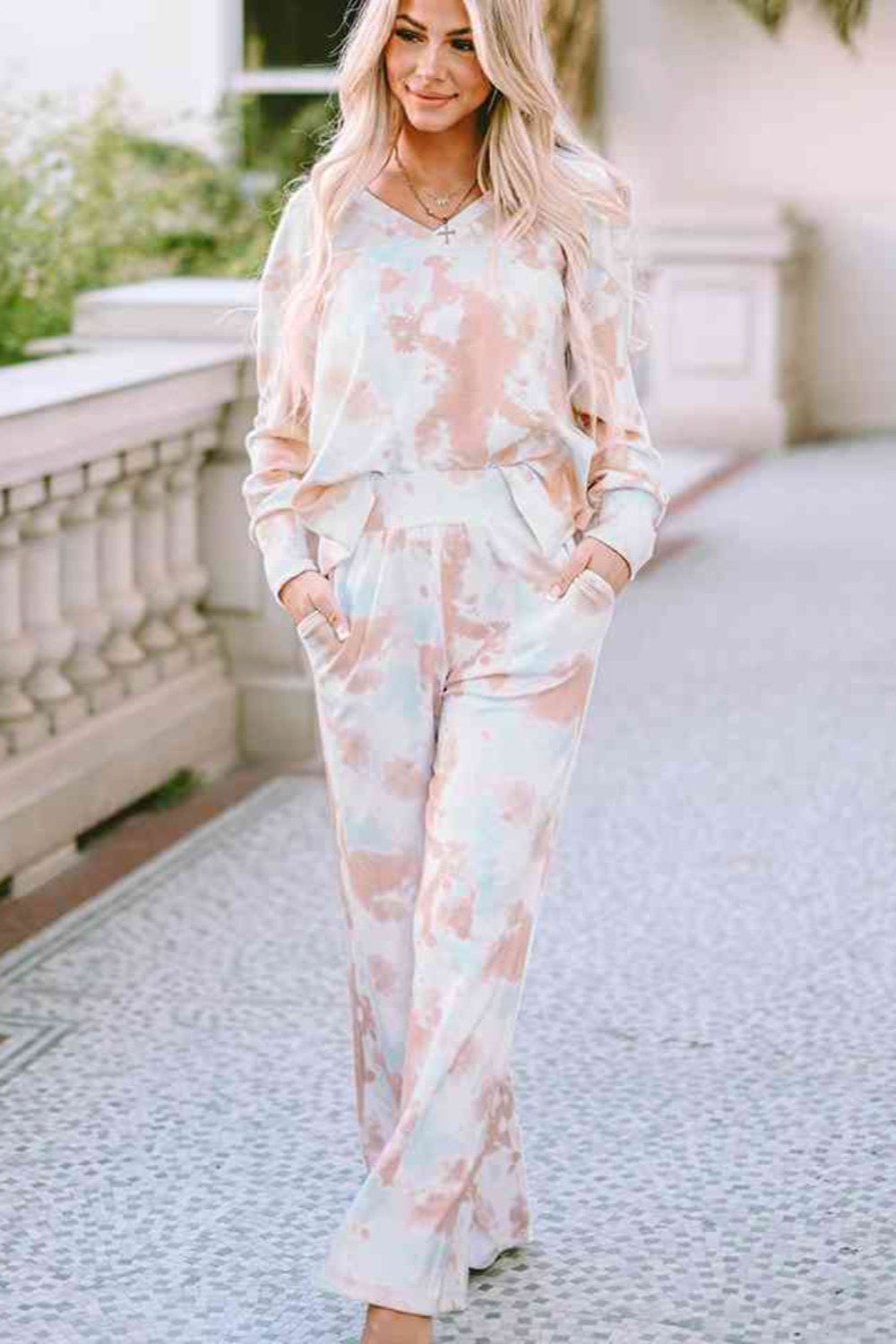 Printed Long Sleeve Top and Wide Leg Pants Lounge Set