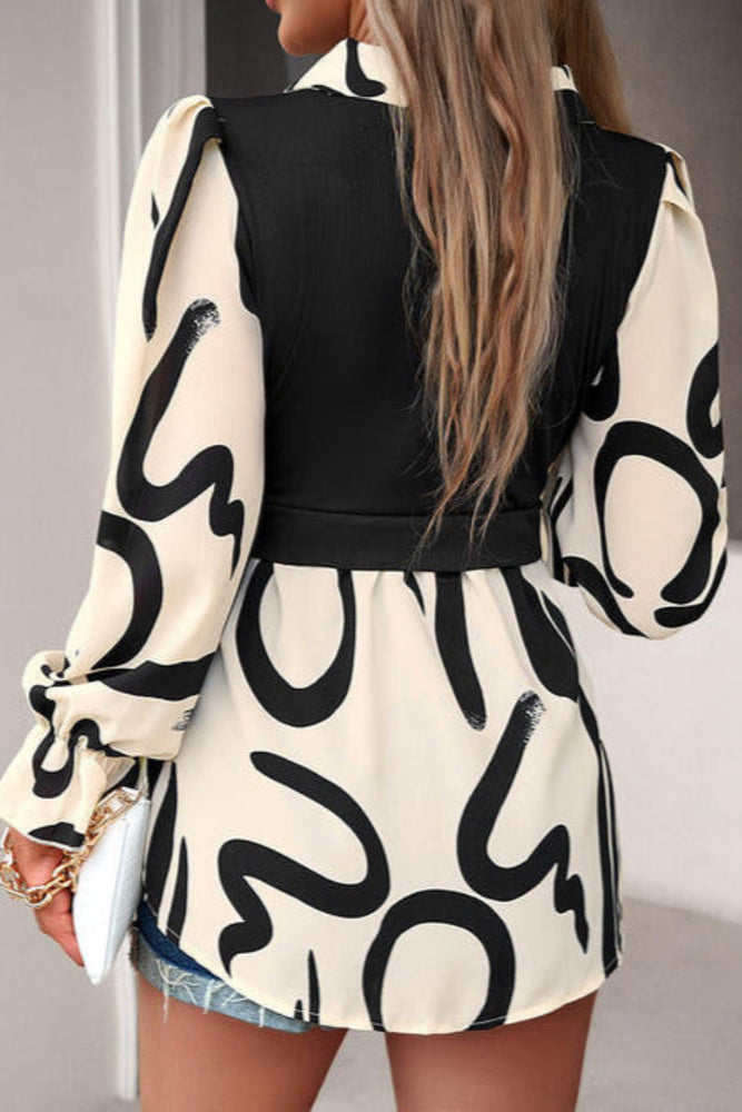 
                  
                    Collared Neck Black And White Color-Contrast Print Long Sleeve Shirt
                  
                