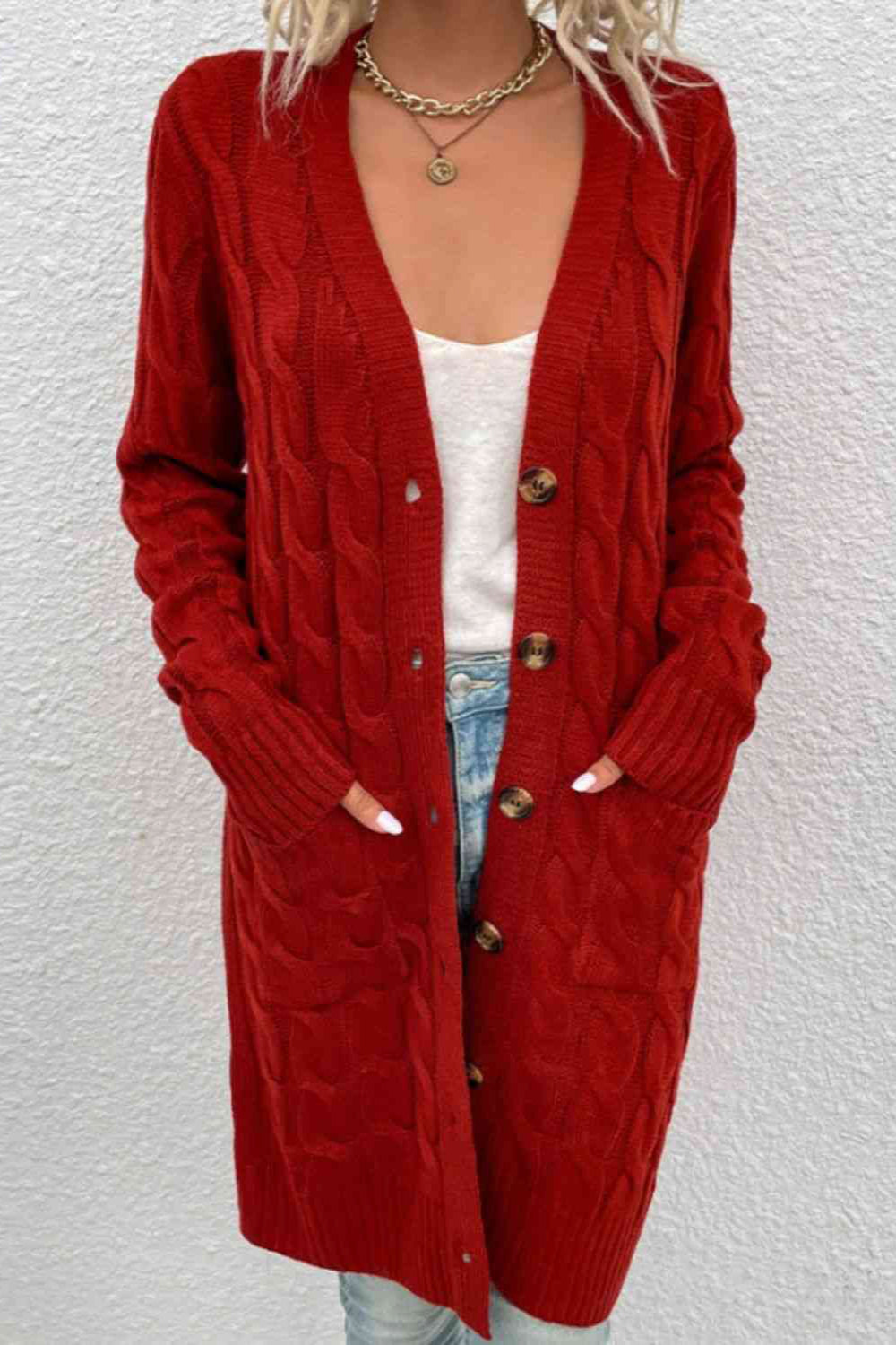 
                  
                    ' Abigail' Cable-Knit Button Down Cardigan with Pockets
                  
                