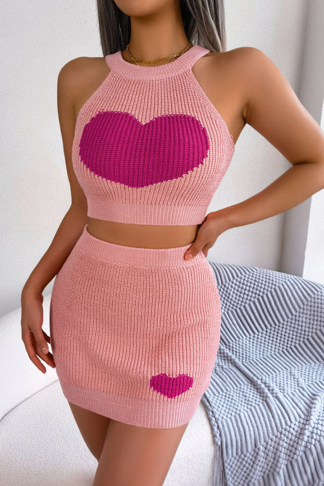 
                  
                    'Lovely' Heart Contrast Ribbed Sleeveless Knit Top and Skirt Set
                  
                