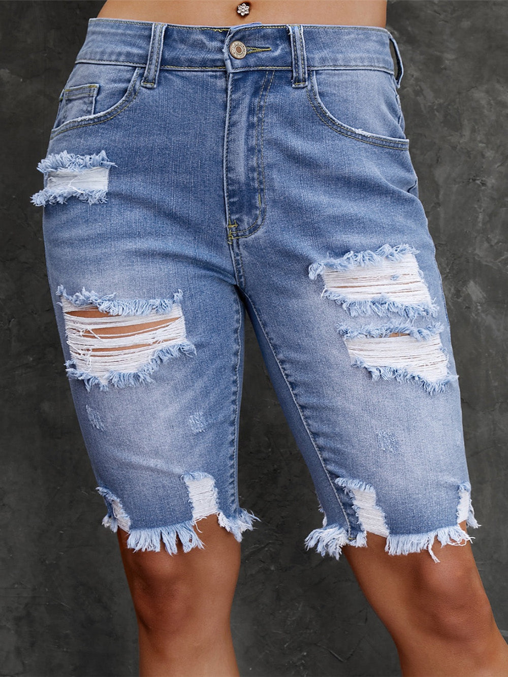 'Connie' Distressed Frayed Hem Denim Bermuda Shorts