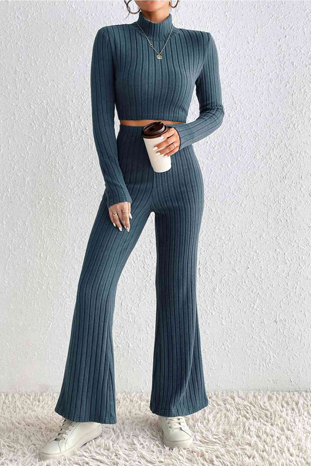 
                  
                    'Peyton' Ribbed Mock Neck Cropped Sweater & High Waist Pants Set
                  
                