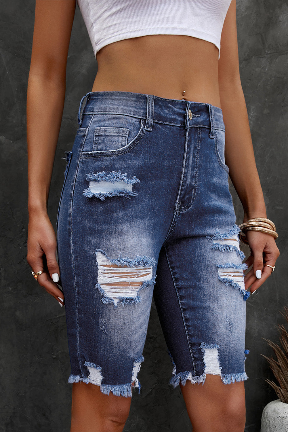 
                  
                    'Connie' Distressed Frayed Hem Denim Bermuda Shorts
                  
                