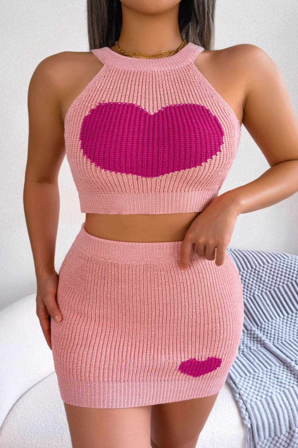 'Lovely' Heart Contrast Ribbed Sleeveless Knit Top and Skirt Set