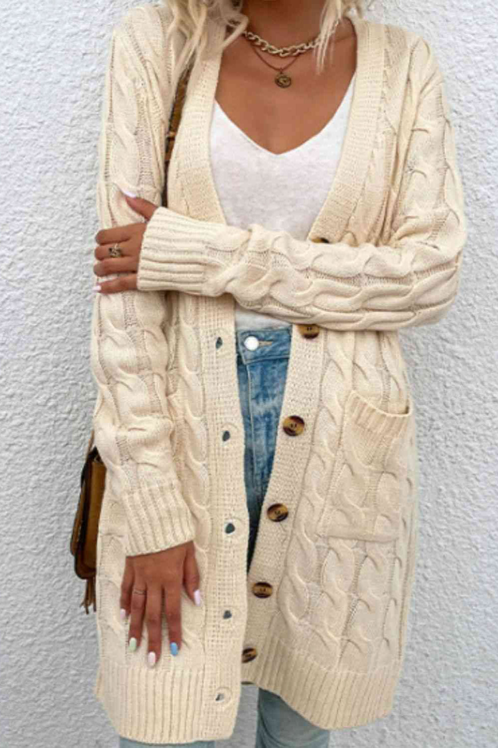 
                  
                    ' Abigail' Cable-Knit Button Down Cardigan with Pockets
                  
                