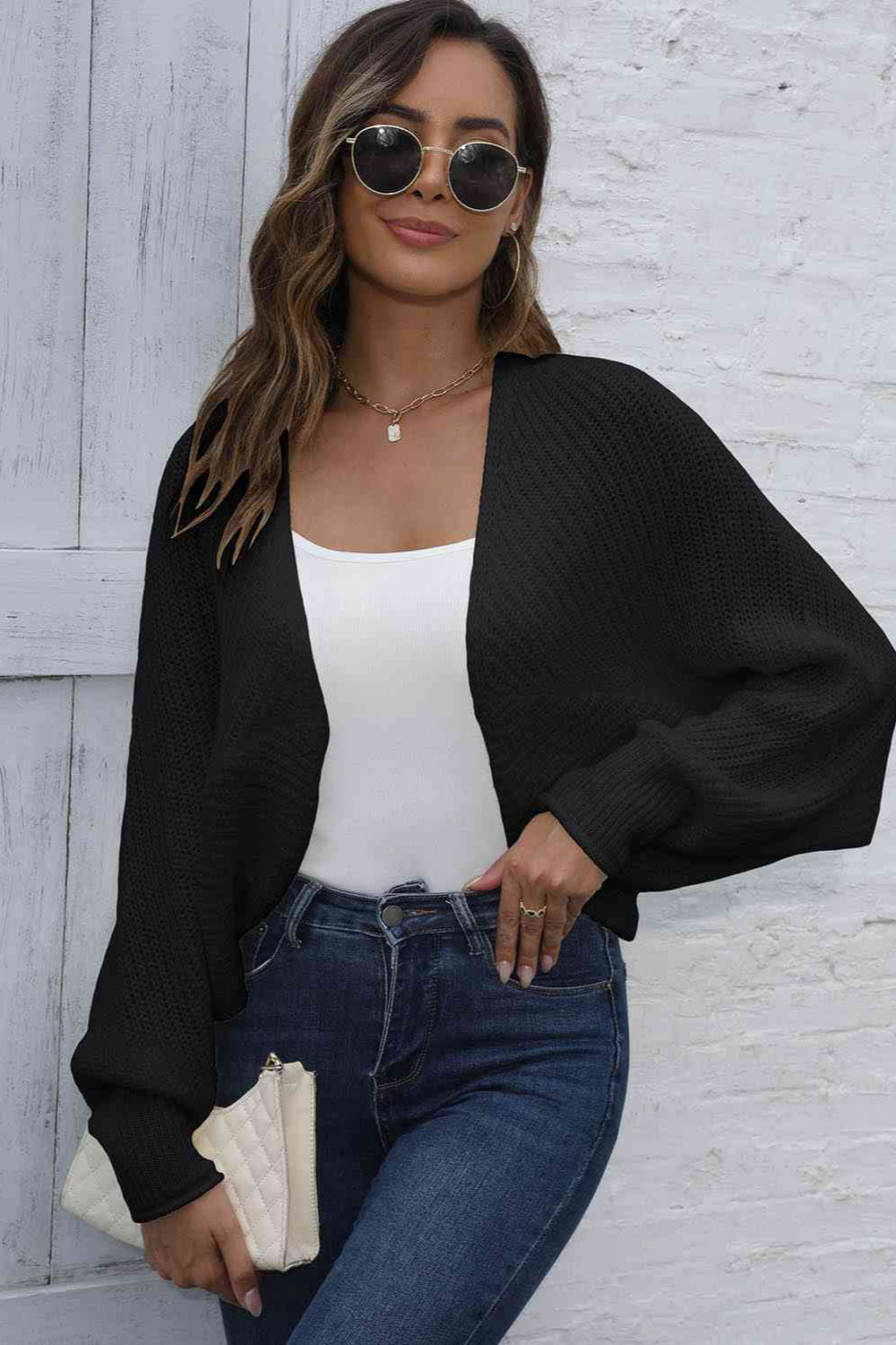 
                  
                    'SNOW' Bat Sleeve Open Front Short Cardigan
                  
                